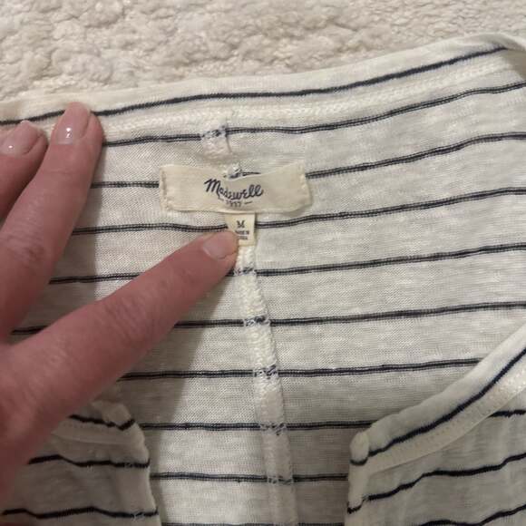 Madewell White and Black Striped 3/4 Sleeve Linen Tee - Picture 2 of 6